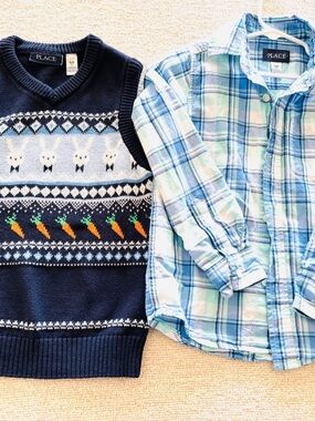 The Children's Place Navy Knit Vest with White Bunnies & Orange Carrots